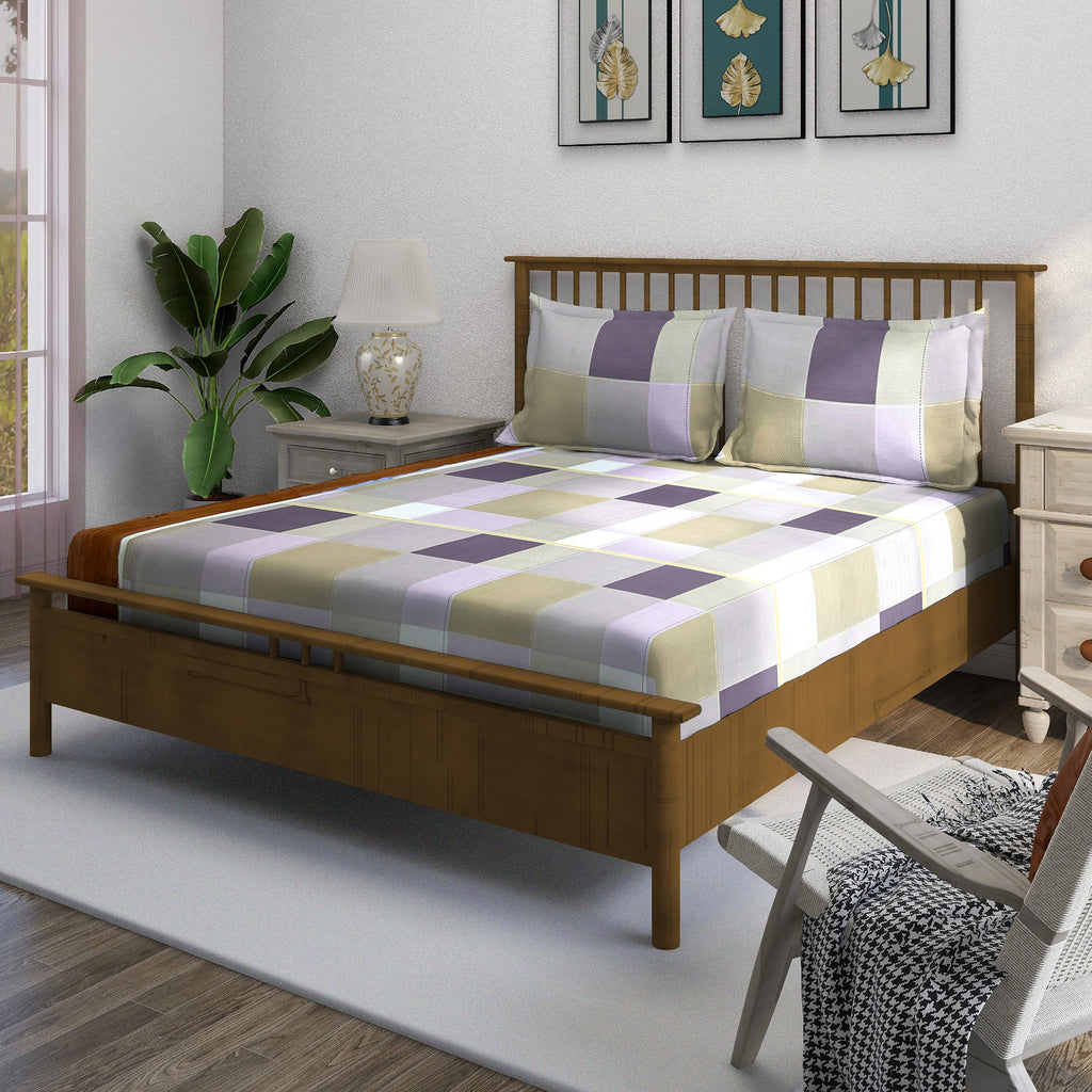 Lavender Squares - 210TC Pure Cotton Queen Fitted Bedsheet (60x73x10 Inches)