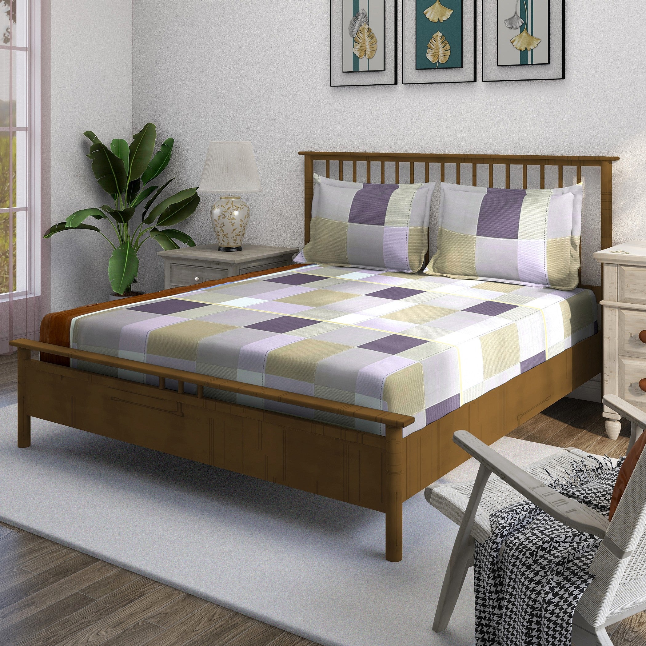 Lavender Squares - 210TC Pure Cotton Queen Fitted Bedsheet (60x73x10 Inches)