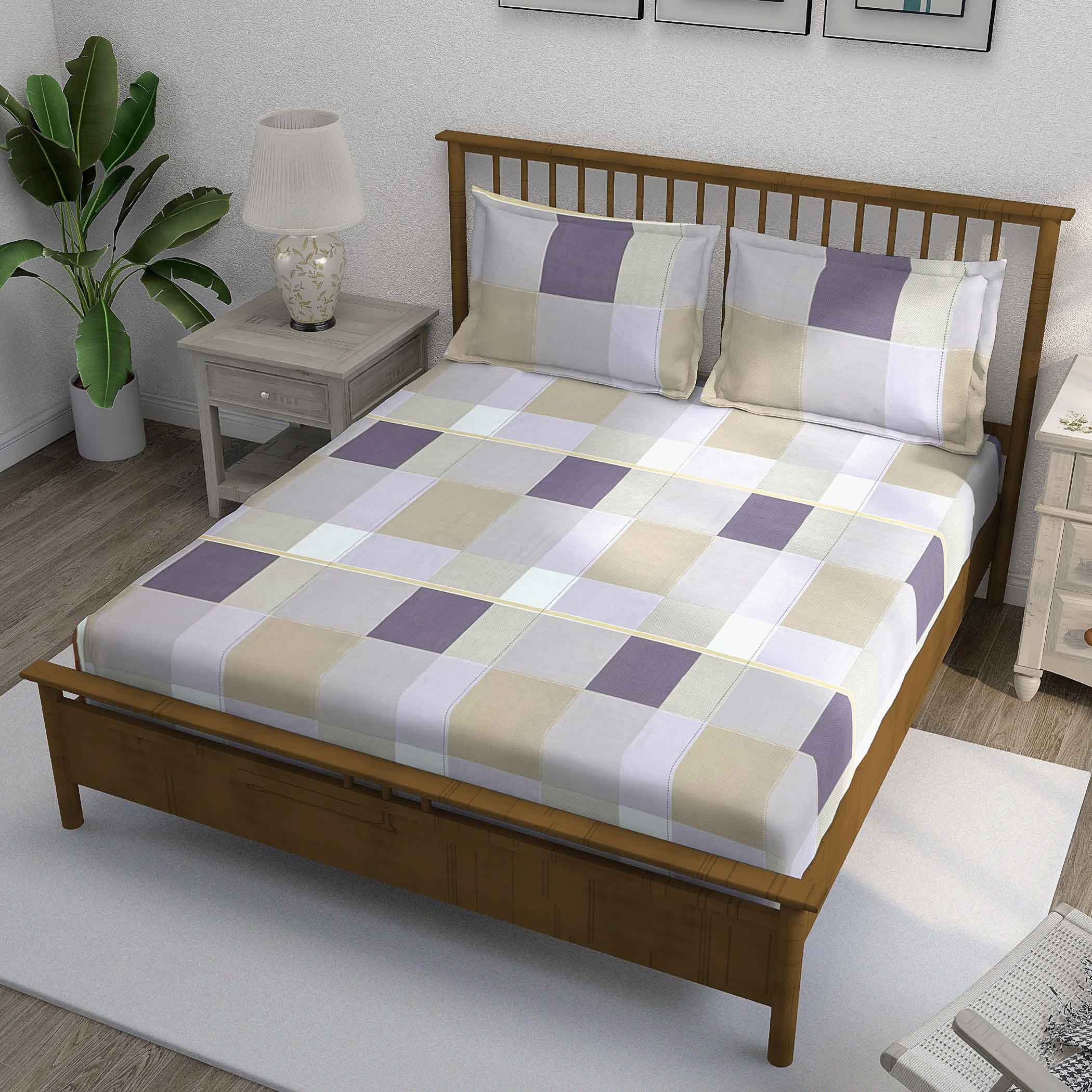 Lavender Squares - 210TC Pure Cotton King Fitted Bedsheet (72x78x10 Inches)