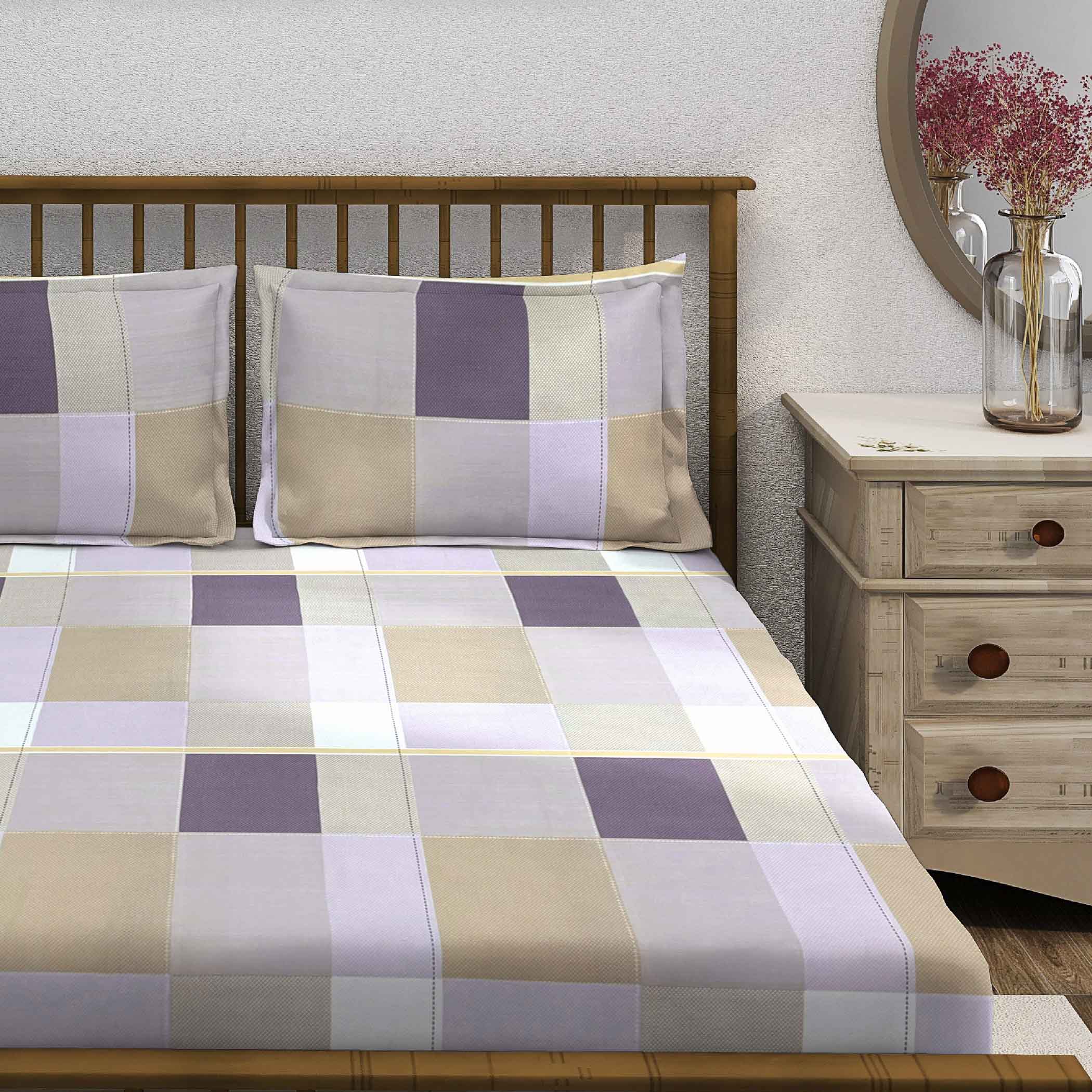 Lavender Squares - 210TC Pure Cotton King Fitted Bedsheet (72x78x10 Inches)