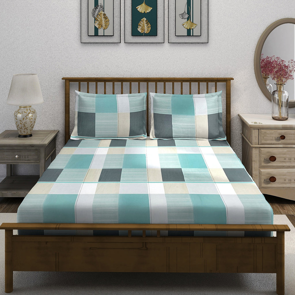 Teal Squares - 210TC Pure Cotton King Fitted Bedsheet (72x78x10 Inches)
