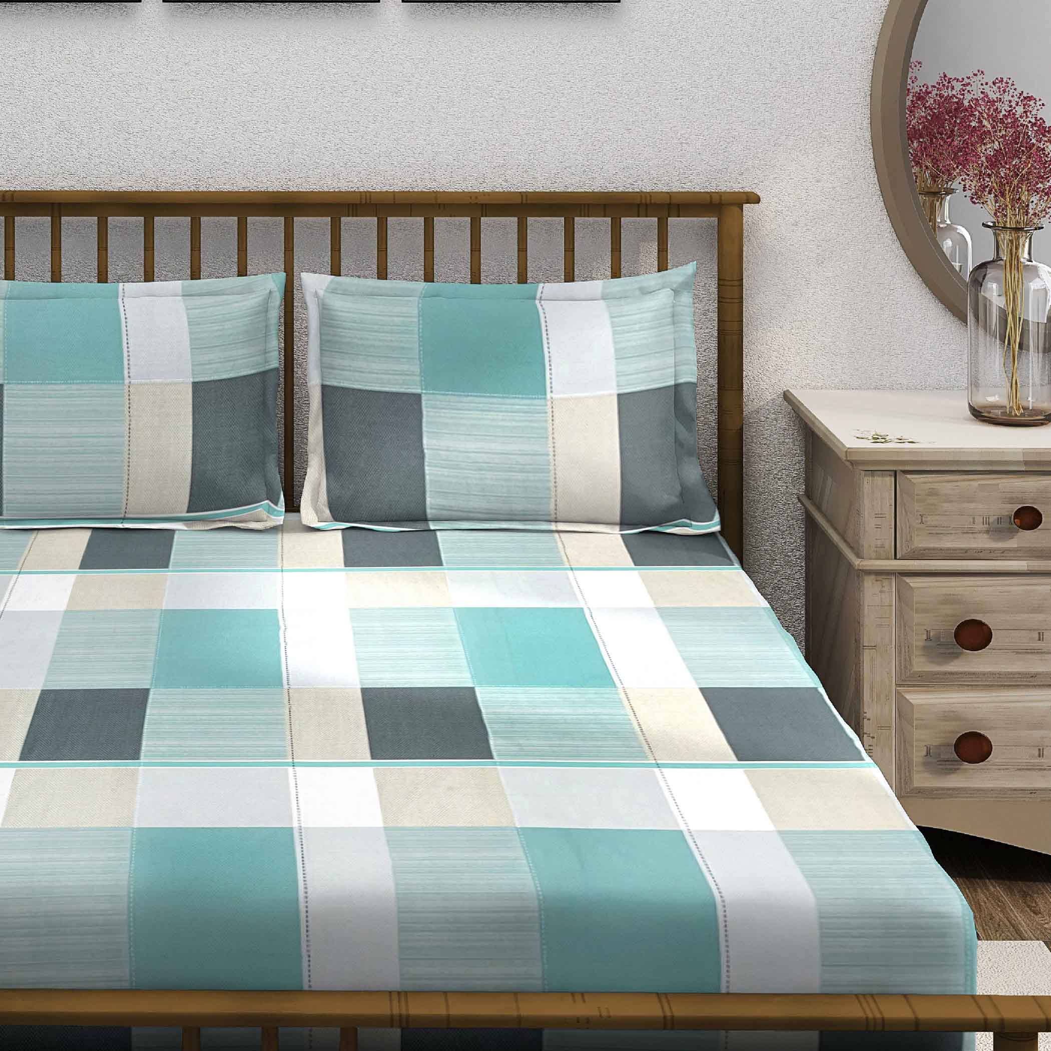 Teal Squares - 210TC Pure Cotton King Fitted Bedsheet (72x78x10 Inches)