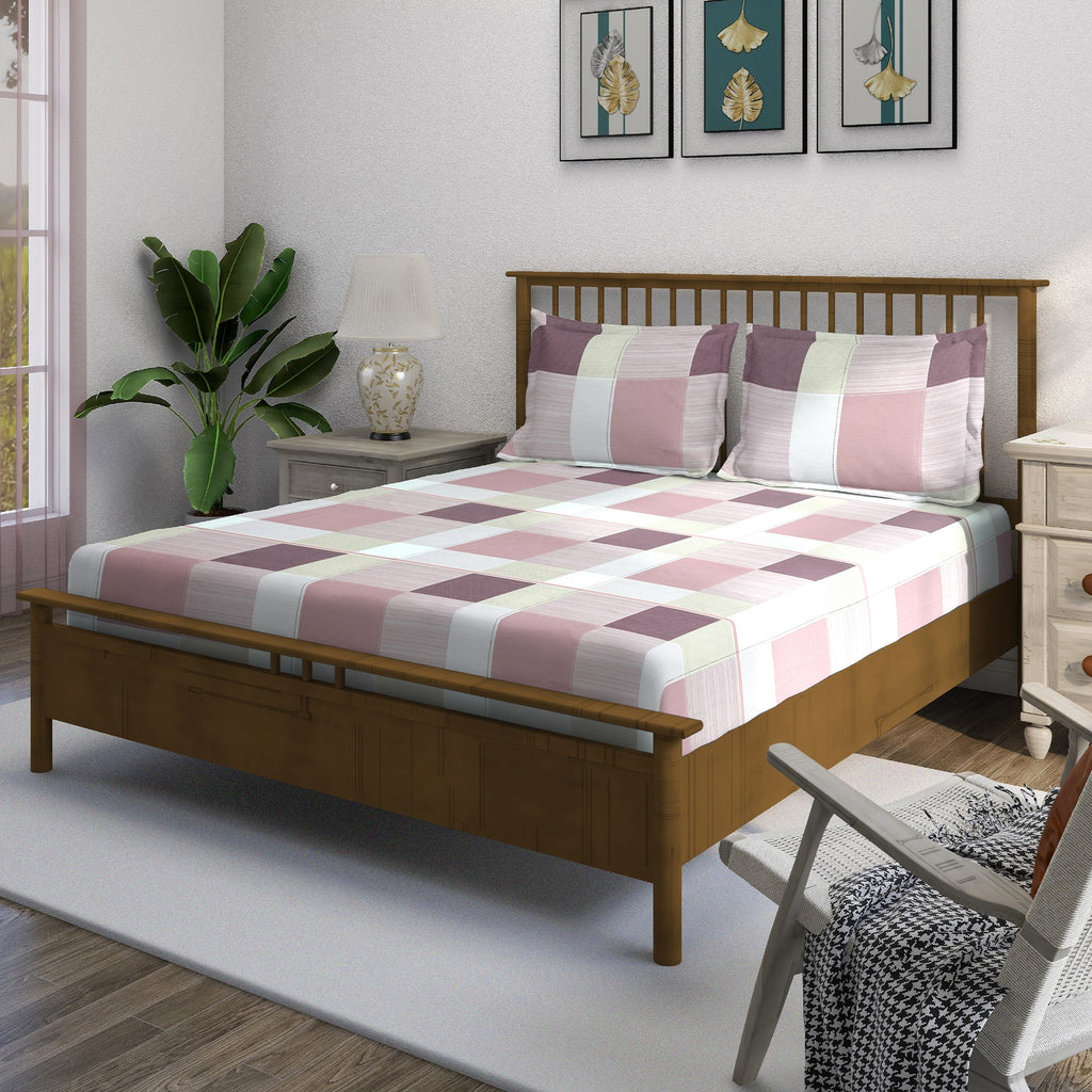 Pink Squares - 210TC Pure Cotton Queen Fitted Bedsheet (60x73x10 Inches)
