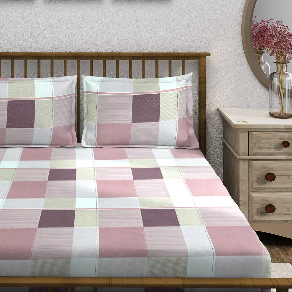 Pink Squares - 210TC Pure Cotton Queen Fitted Bedsheet (60x73x10 Inches)