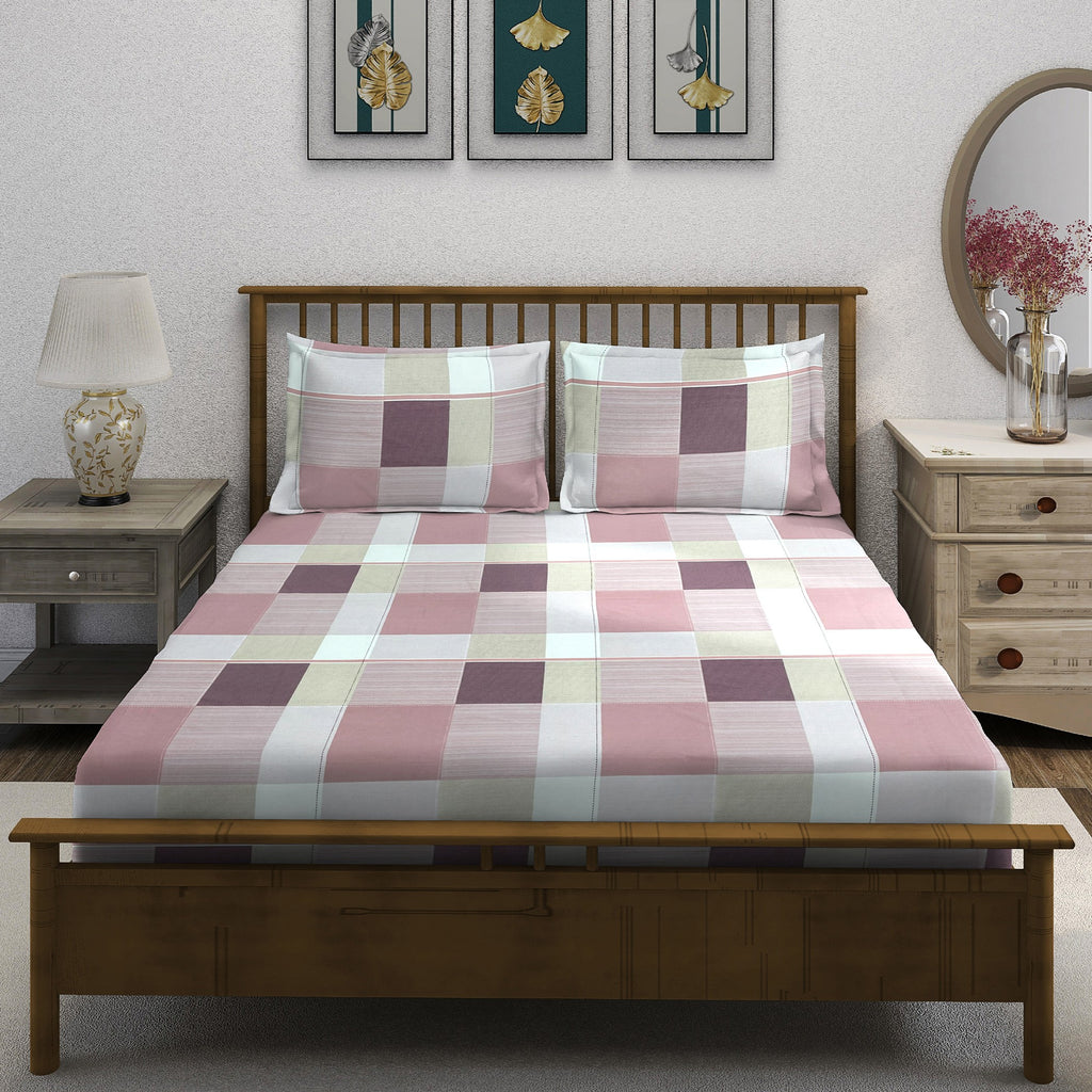 Pink Squares - 210TC Pure Cotton King Fitted Bedsheet (72x78x10 Inches)