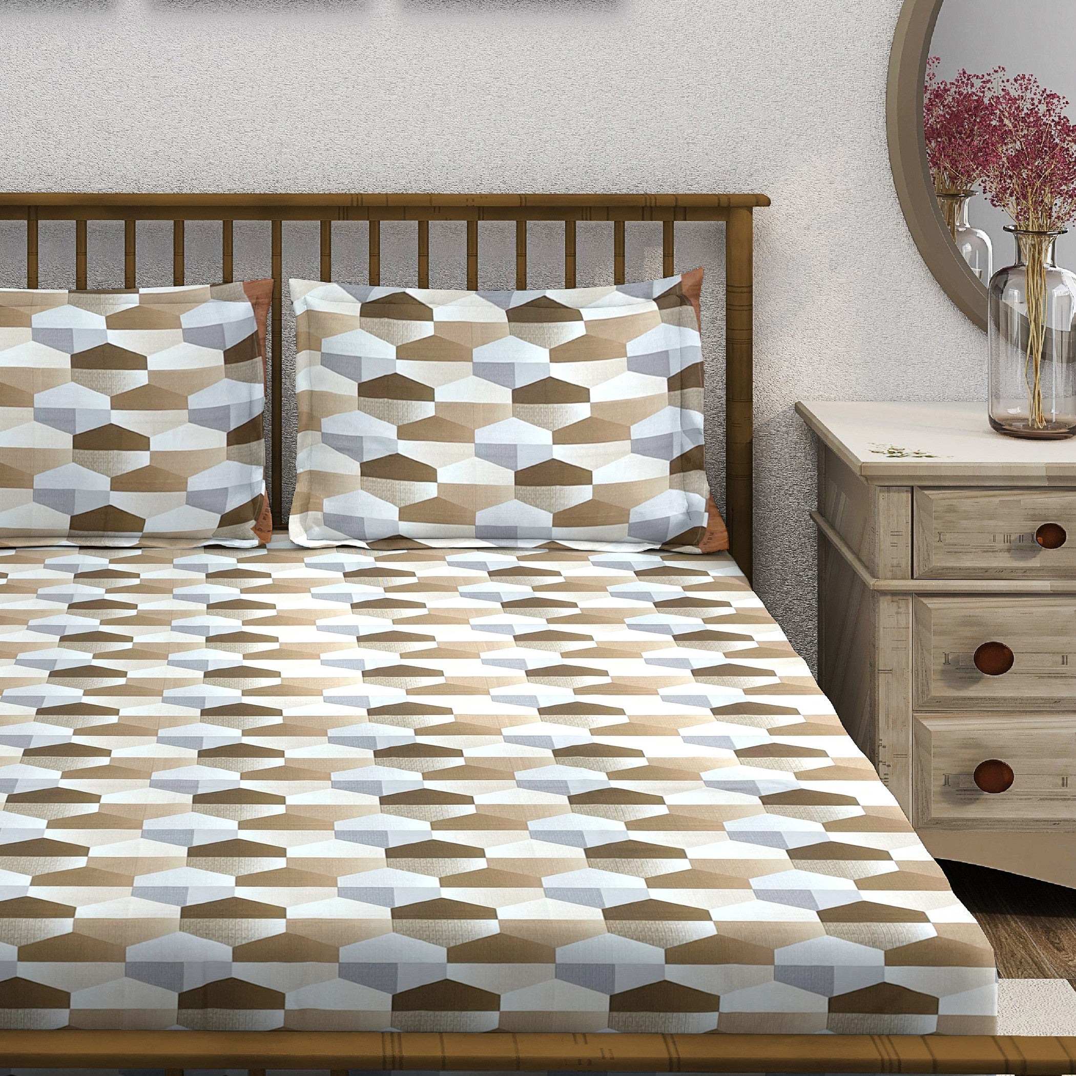 Beige Hex - 210TC Pure Cotton Queen Fitted Bedsheet (60x73x10 Inches)