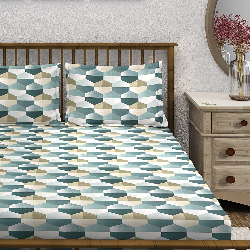 Teal Hex - 210TC Pure Cotton King Fitted Bedsheet (72x78x10 Inches)