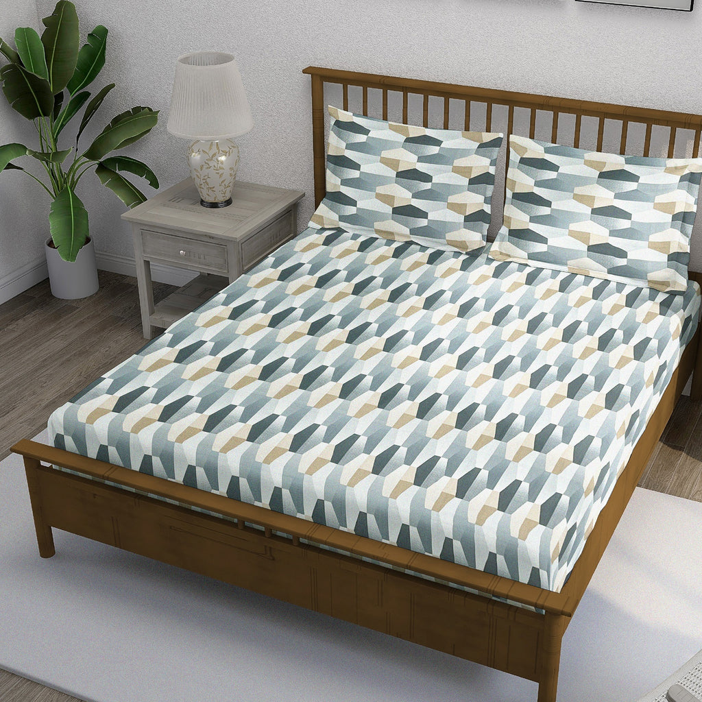 Grey Hex - 210TC Pure Cotton Queen Fitted Bedsheet (60x73x10 Inches)