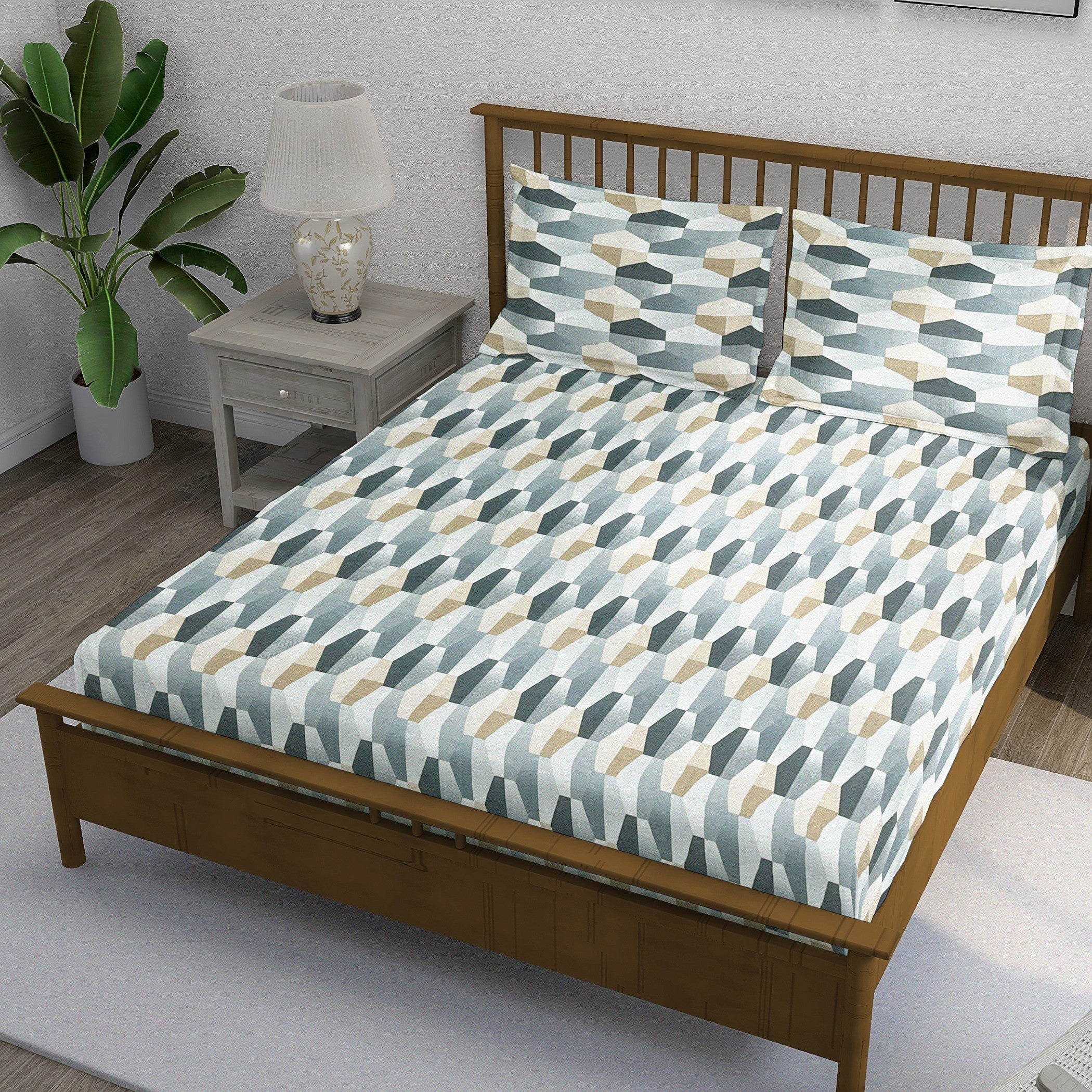 Grey Hex - 210TC Pure Cotton Queen Fitted Bedsheet (60x73x10 Inches)