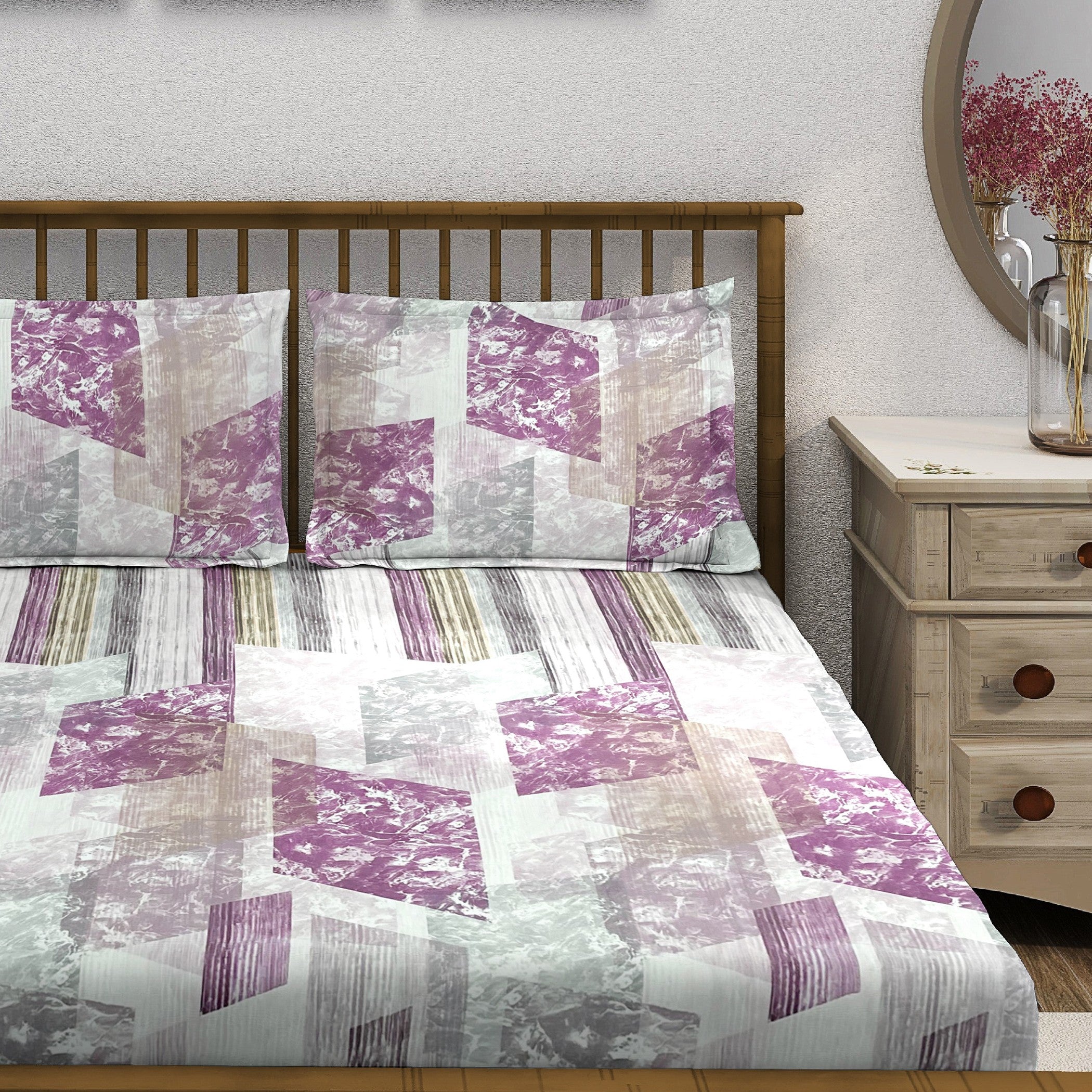 Magenta Matrix - 210TC Pure Cotton King Fitted Bedsheet (72x78x10 Inches)