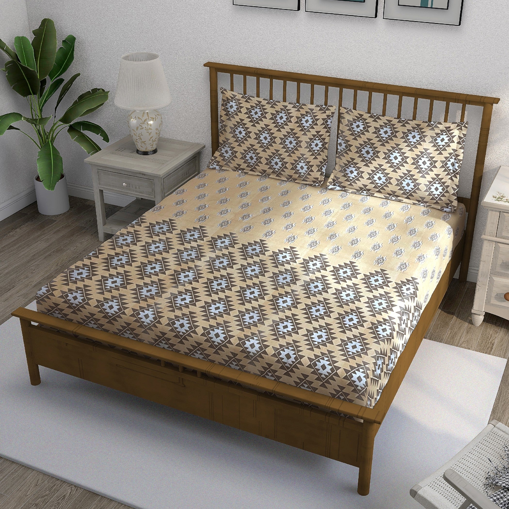 Beige Dunes - 210TC Pure Cotton Queen Fitted Bedsheet (60x73x10 Inches)