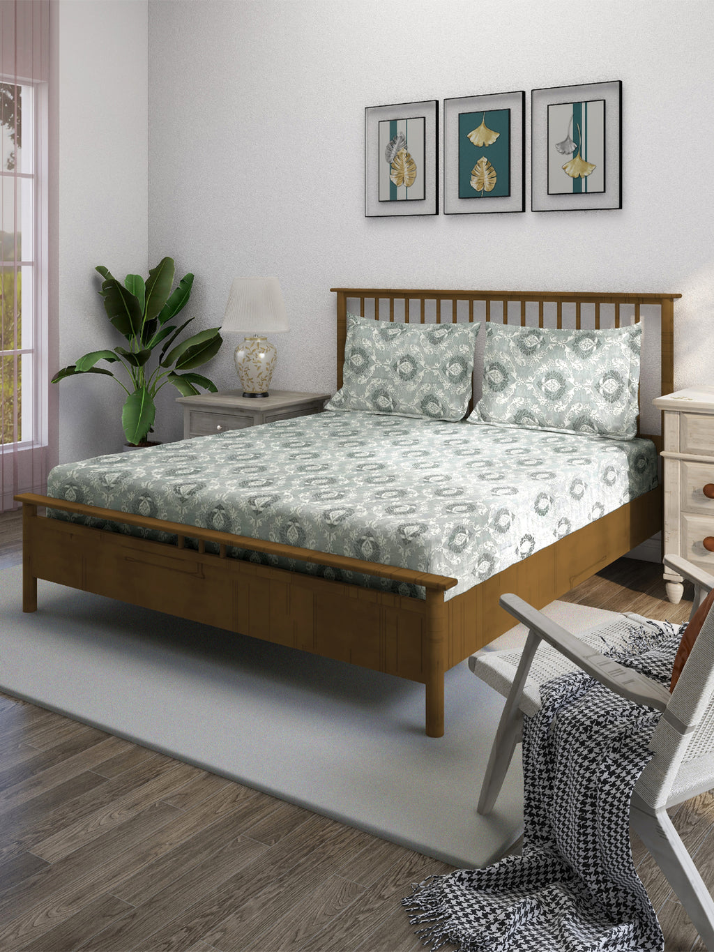 Royal Damask Grey 210 TC Pure Cotton King Fitted Bedsheet with 2 Pillow Covers (72 x 78 x 10 Inches)