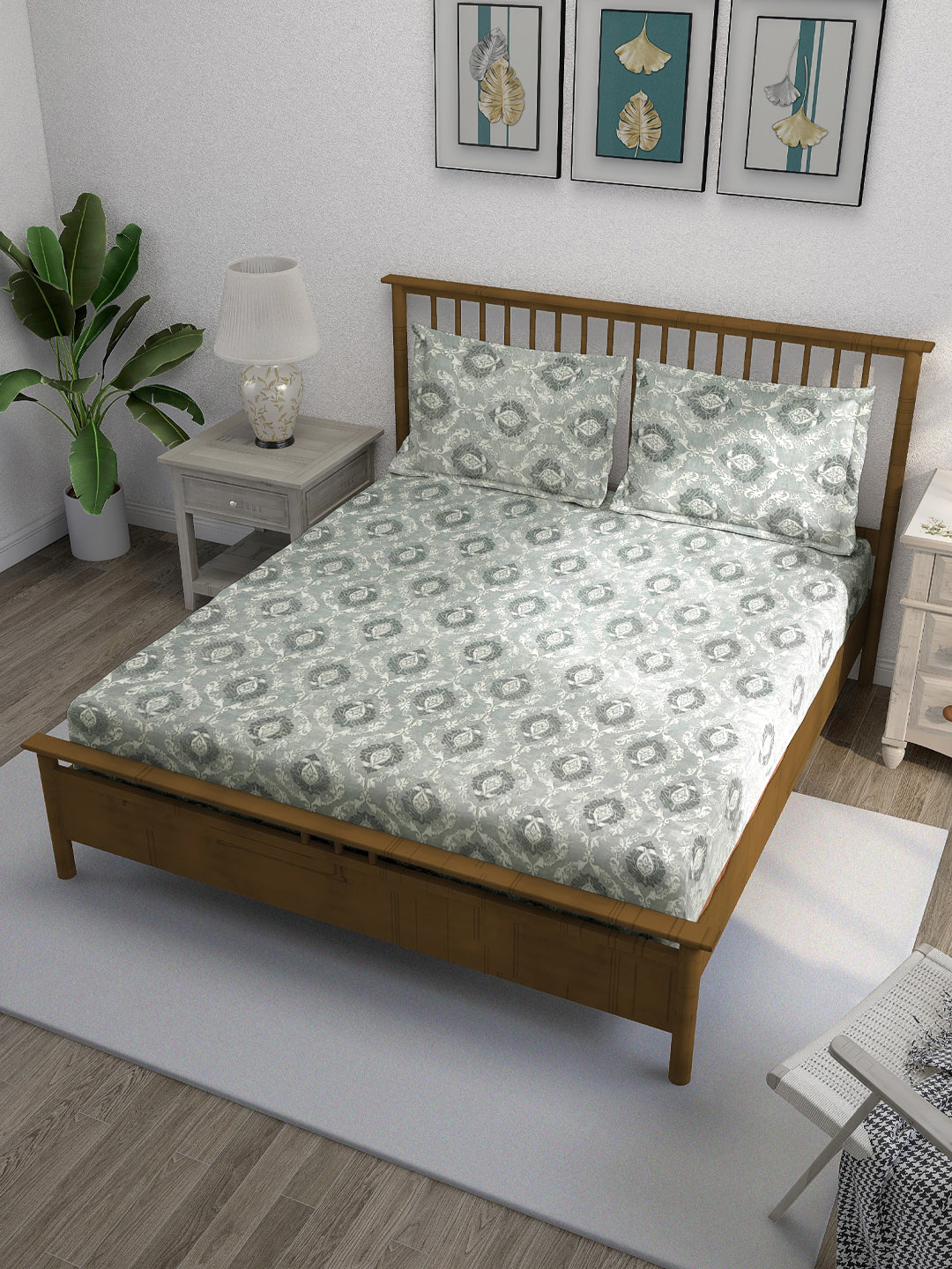 Royal Damask Grey 210 TC Pure Cotton King Fitted Bedsheet with 2 Pillow Covers (72 x 78 x 10 Inches)