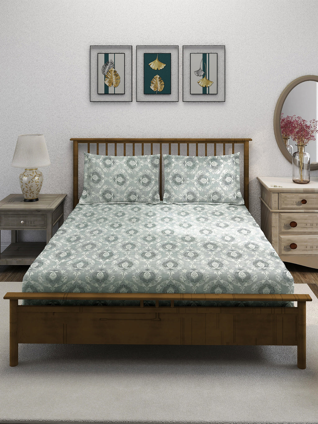 Royal Damask Grey 210 TC Pure Cotton King Fitted Bedsheet with 2 Pillow Covers (72 x 78 x 10 Inches)