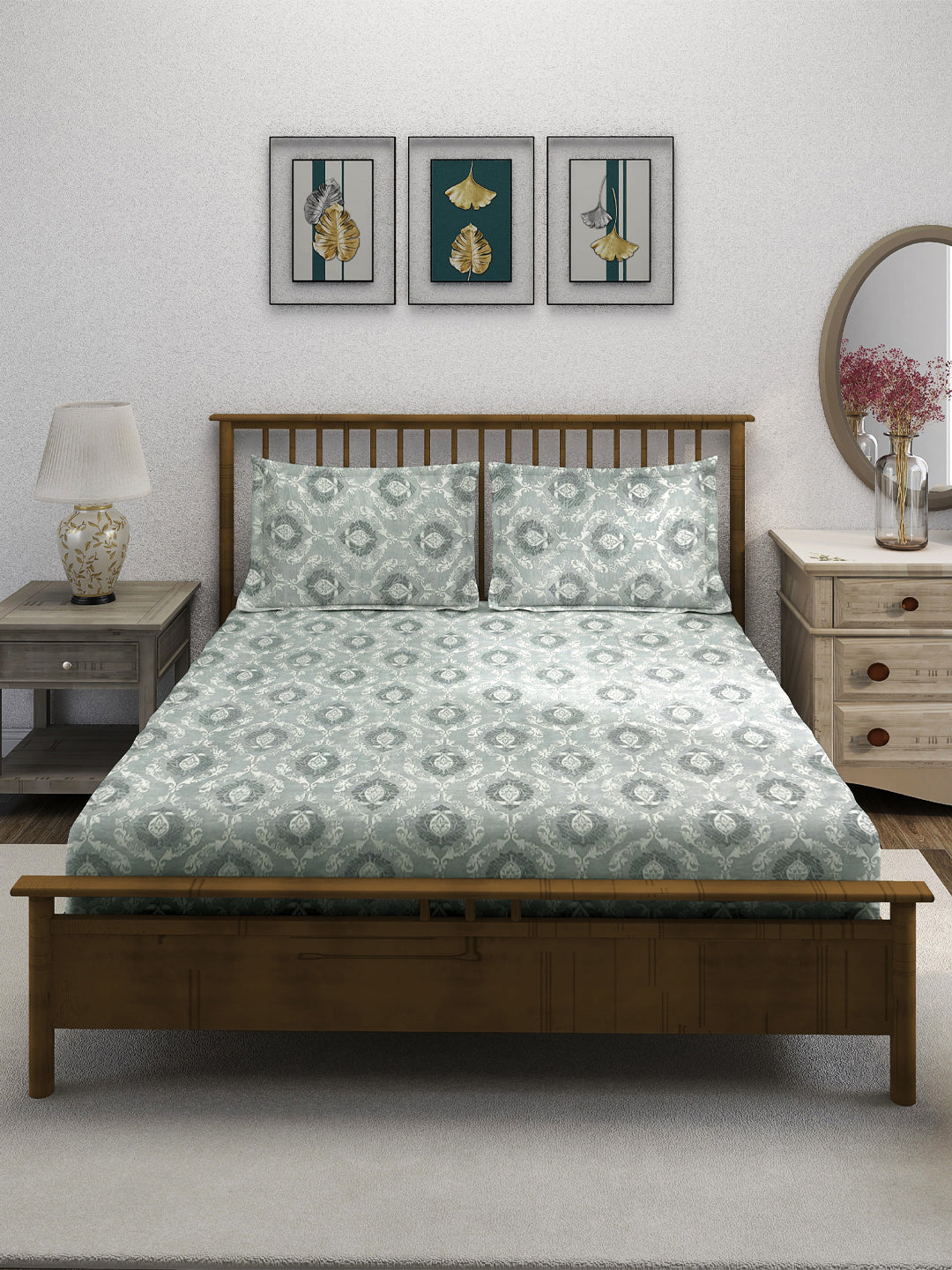 Royal Damask Grey 210 TC Pure Cotton King Fitted Bedsheet with 2 Pillow Covers (72 x 78 x 10 Inches)