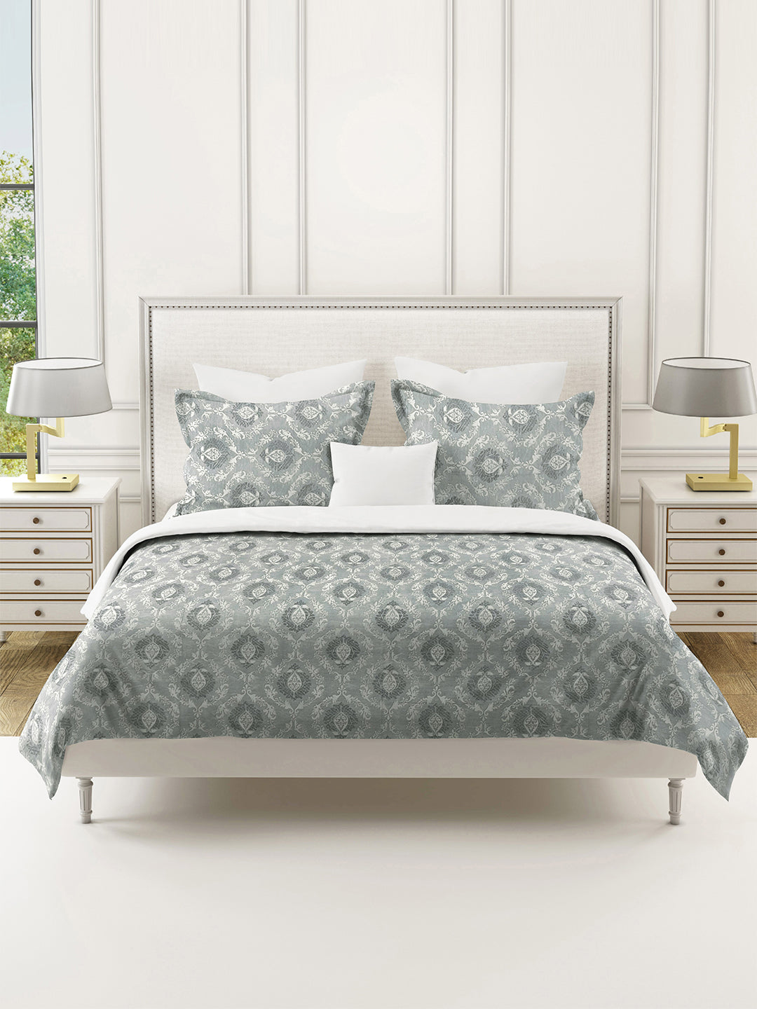 Royal Damask Grey 210 TC Pure Cotton King Fitted Bedsheet with 2 Pillow Covers (72 x 78 x 10 Inches)