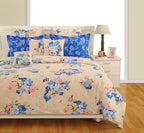 Beige & Blue Floral Print Pure Cotton 210 TC King Fitted Bedsheet with 2 Pillow Covers (72x78x10 Inches)