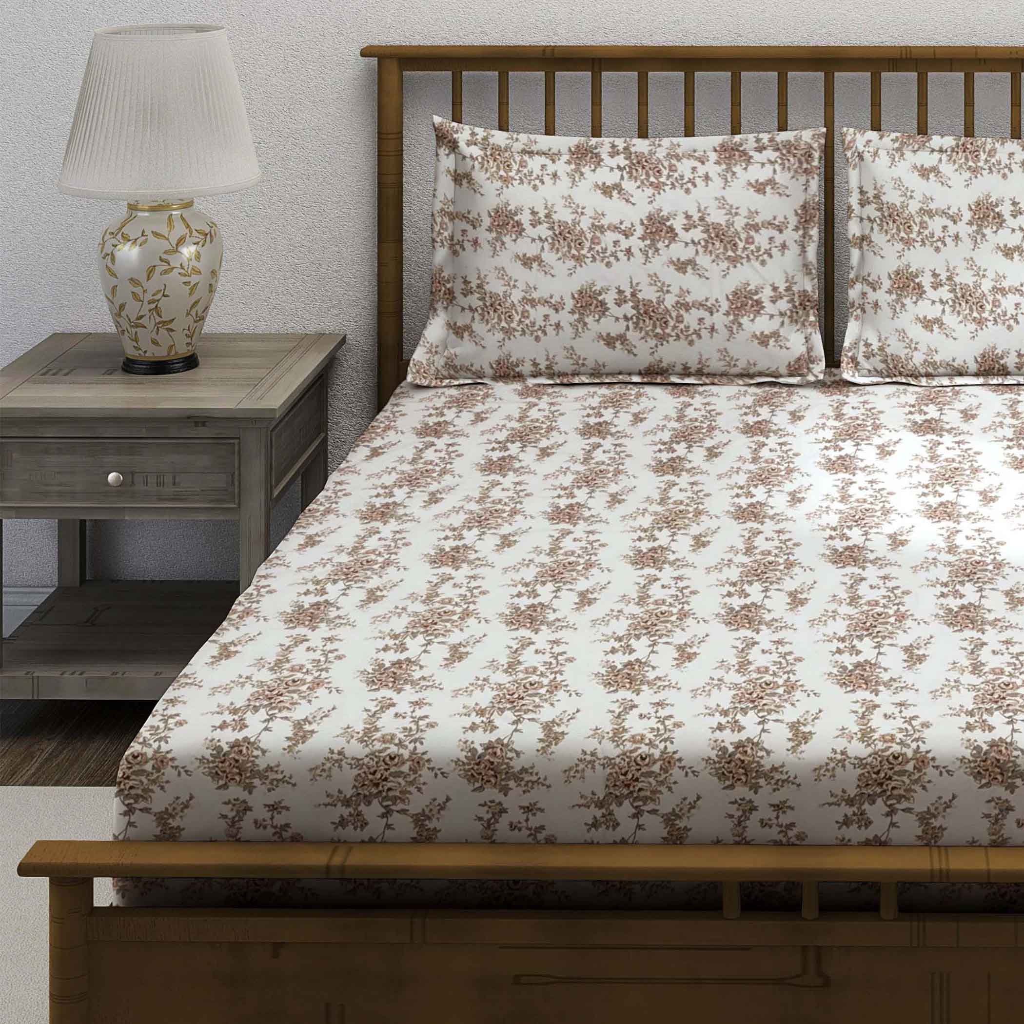 Garden Charm - 250TC Pure Cotton King Fitted Bedsheet (72x78x10 Inches)