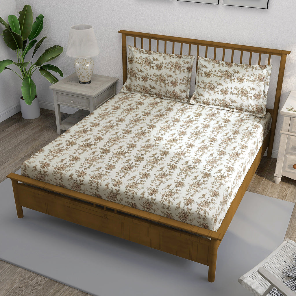 Garden Charm - 250TC Pure Cotton King Fitted Bedsheet (72x78x10 Inches)