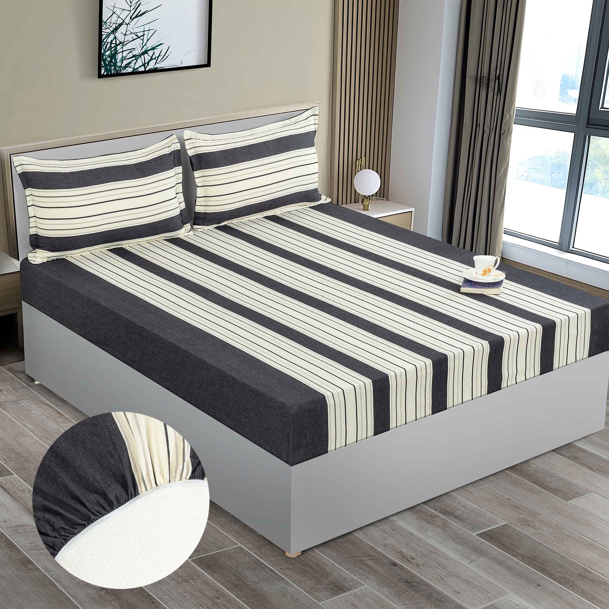 Monochrome Elegance - Yarn-Dyed Striped King Fitted Bedsheet (72x78x10 Inches)