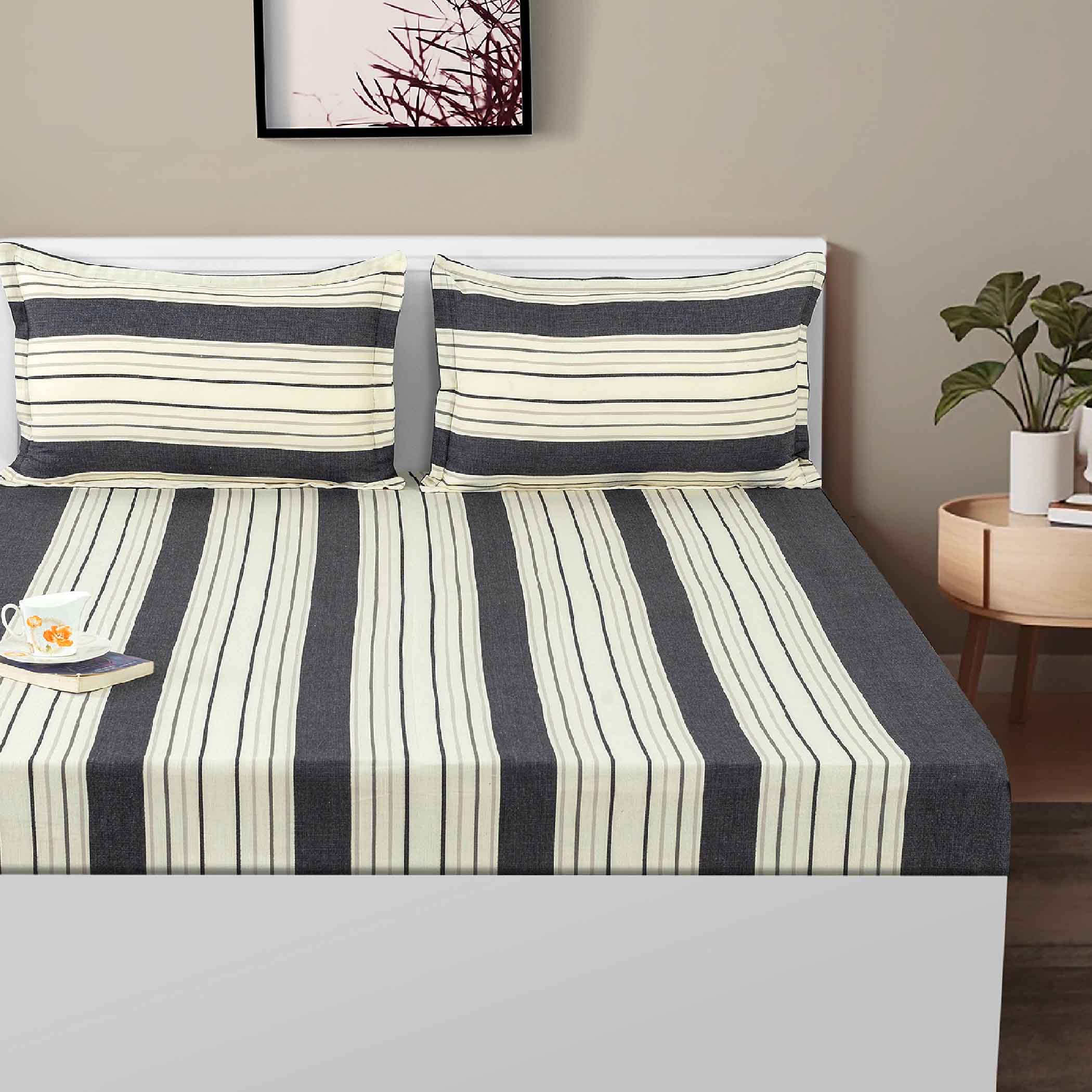 Monochrome Elegance - Yarn-Dyed Striped King Fitted Bedsheet (72x78x10 Inches)