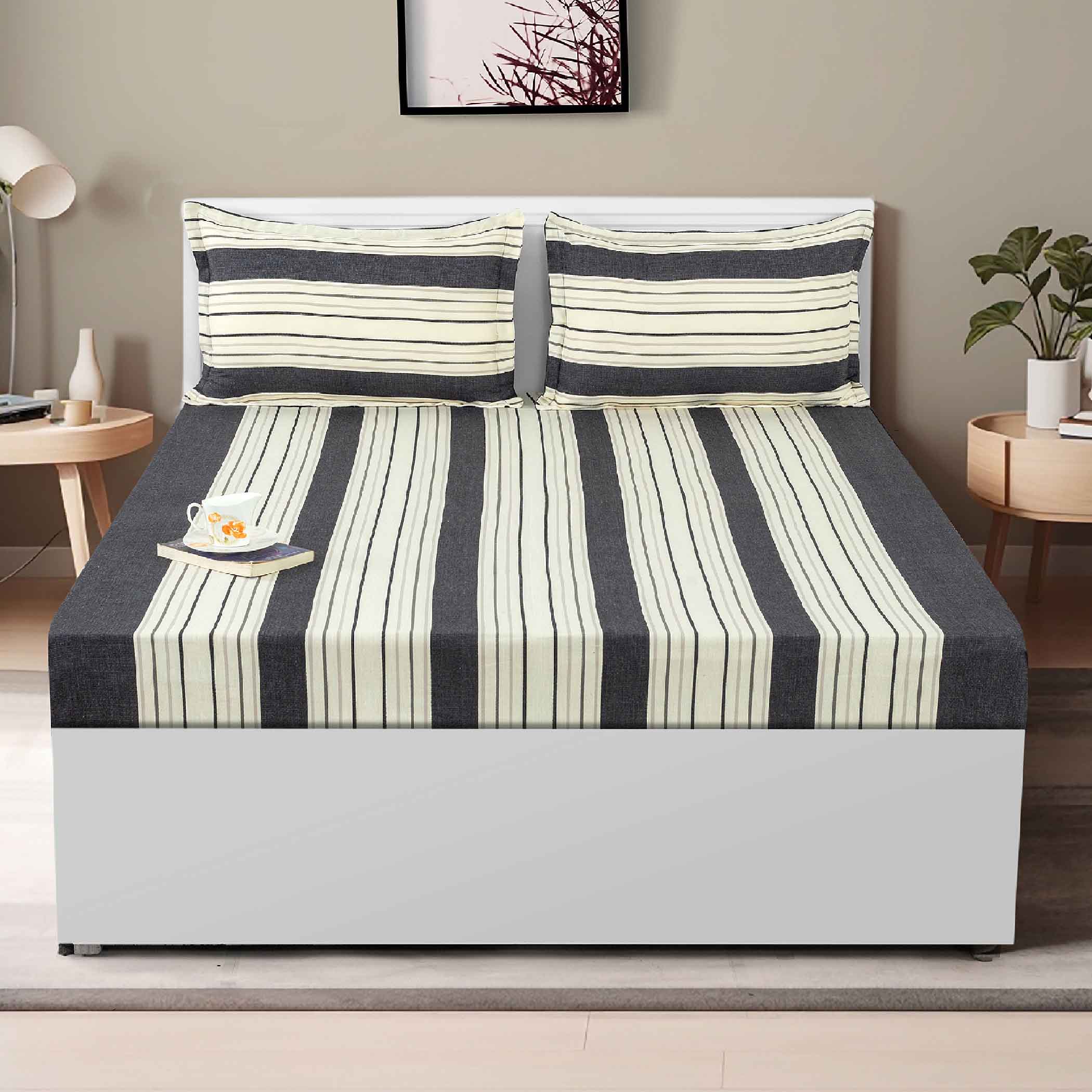 Monochrome Elegance - Yarn-Dyed Striped King Fitted Bedsheet (72x78x10 Inches)