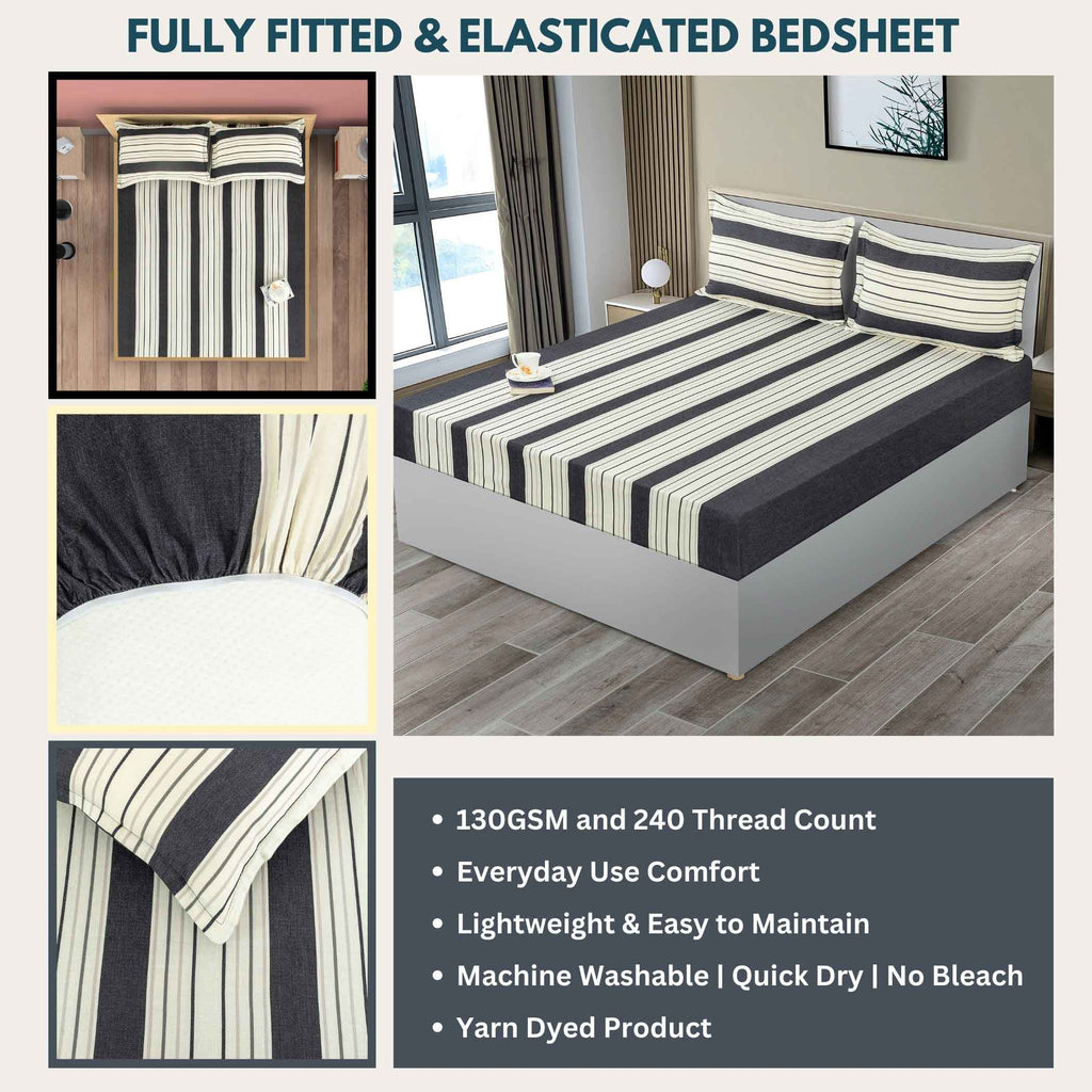 Monochrome Elegance - Yarn-Dyed Striped King Fitted Bedsheet (72x78x10 Inches)