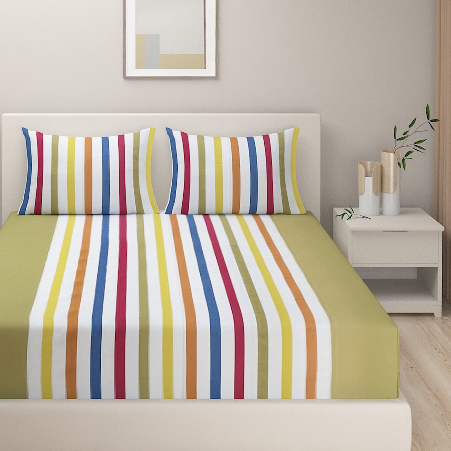 Spring Stripes - Yarn-Dyed Vibrant Queen Fitted Bedsheet (60x73x10 Inches)