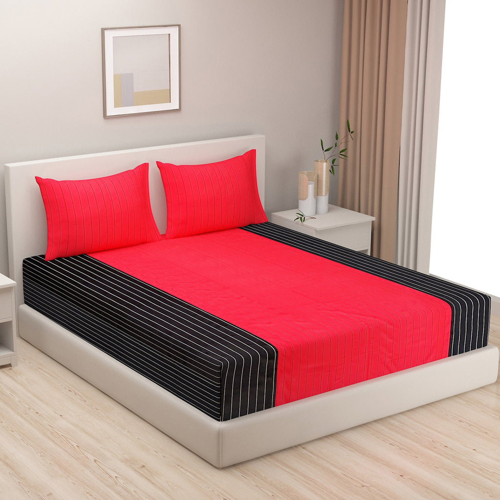 Red & Black Pinstripe Pure Cotton 240 TC King Fitted Bedsheet with 2 Pillow Covers (72x78x10 Inches)
