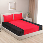 Red & Black Pinstripe Pure Cotton 240 TC King Fitted Bedsheet with 2 Pillow Covers (72x78x10 Inches)