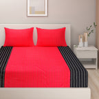 Red & Black Pinstripe Pure Cotton 240 TC King Fitted Bedsheet with 2 Pillow Covers (72x78x10 Inches)