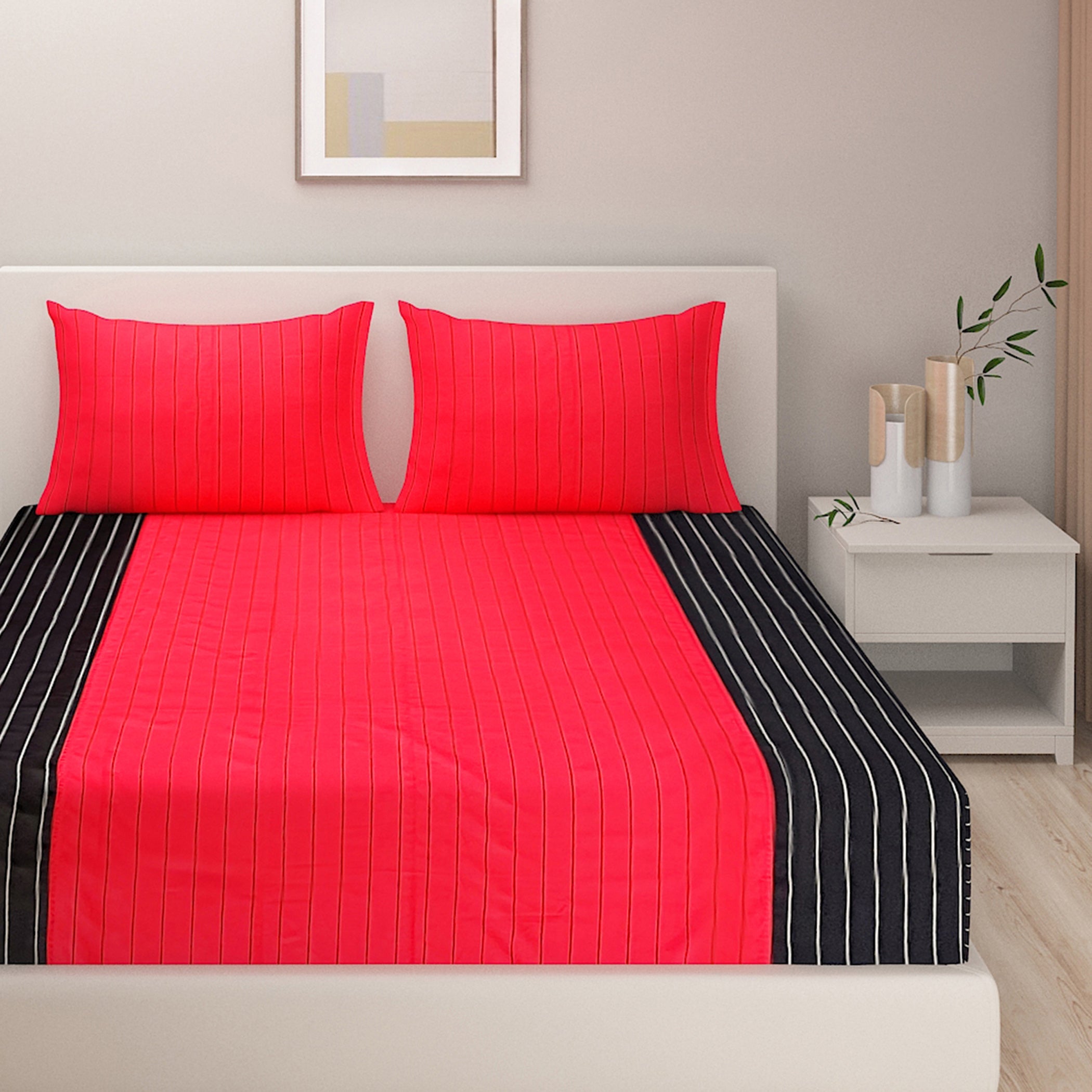 Red & Black Pinstripe Pure Cotton 240 TC King Fitted Bedsheet with 2 Pillow Covers (72x78x10 Inches)