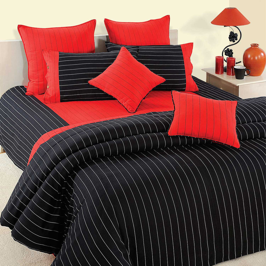 Red & Black Pinstripe Pure Cotton 240 TC King Fitted Bedsheet with 2 Pillow Covers (72x78x10 Inches)