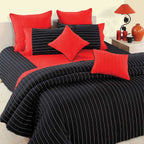 Red & Black Pinstripe Pure Cotton 240 TC King Fitted Bedsheet with 2 Pillow Covers (72x78x10 Inches)