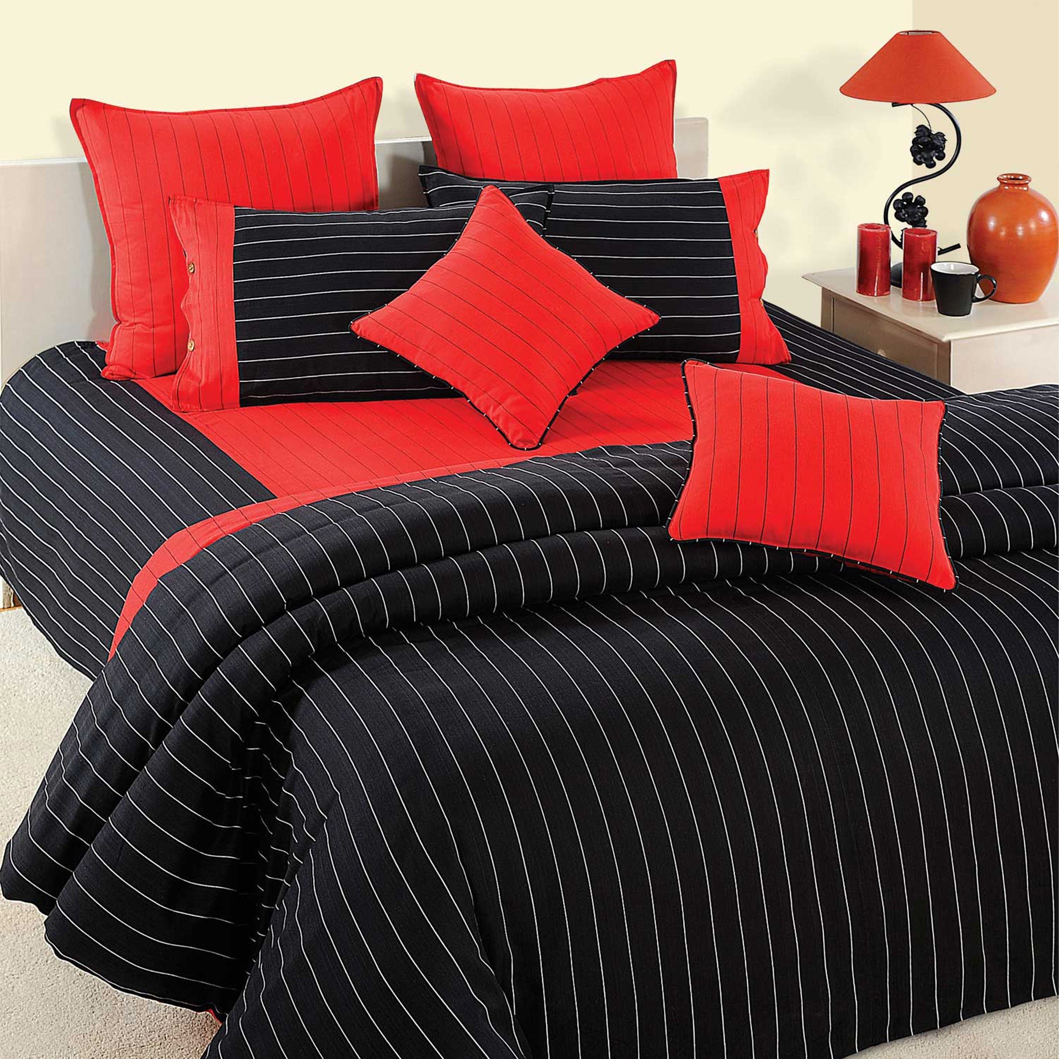 Red & Black Pinstripe Pure Cotton 240 TC King Fitted Bedsheet with 2 Pillow Covers (72x78x10 Inches)