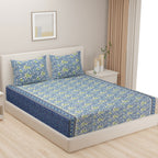 Blue Ethnic Floral Print Pure Cotton 120 TC King Fitted Bedsheet with 2 Pillow Covers (72x78x10 Inches)