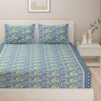 Blue Ethnic Floral Print Pure Cotton 120 TC King Fitted Bedsheet with 2 Pillow Covers (72x78x10 Inches)