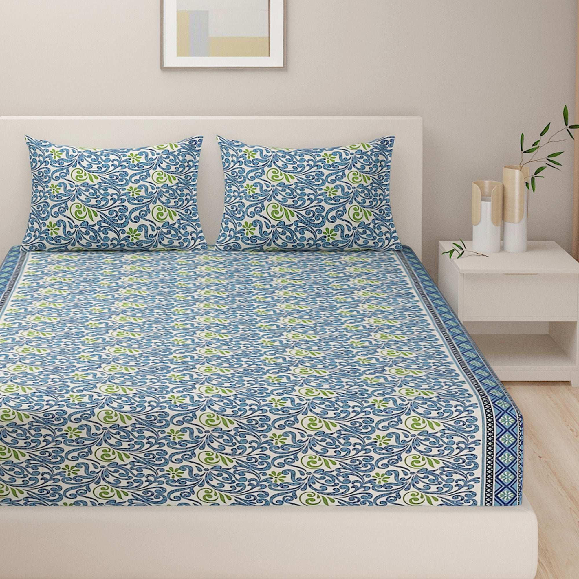 Blue Ethnic Floral Print Pure Cotton 120 TC King Fitted Bedsheet with 2 Pillow Covers (72x78x10 Inches)