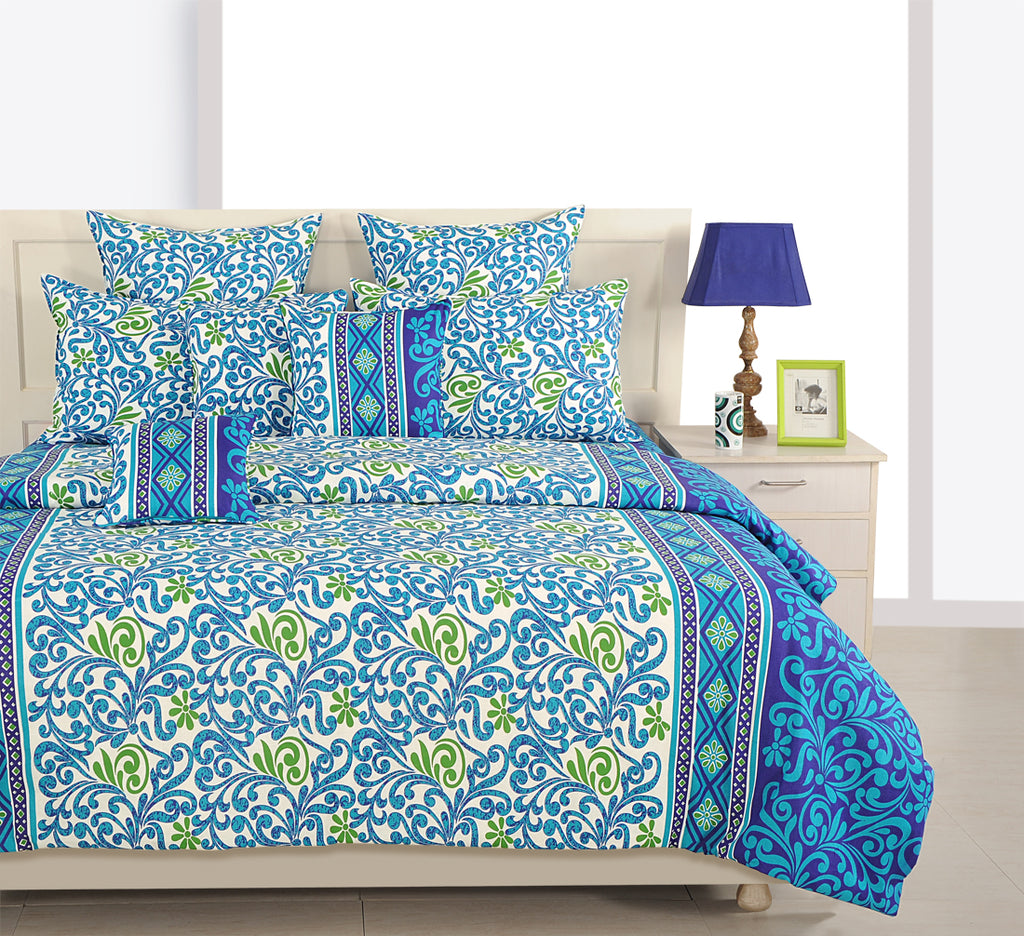 Blue Ethnic Floral Print Pure Cotton 120 TC King Fitted Bedsheet with 2 Pillow Covers (72x78x10 Inches)
