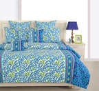Blue Ethnic Floral Print Pure Cotton 120 TC King Fitted Bedsheet with 2 Pillow Covers (72x78x10 Inches)