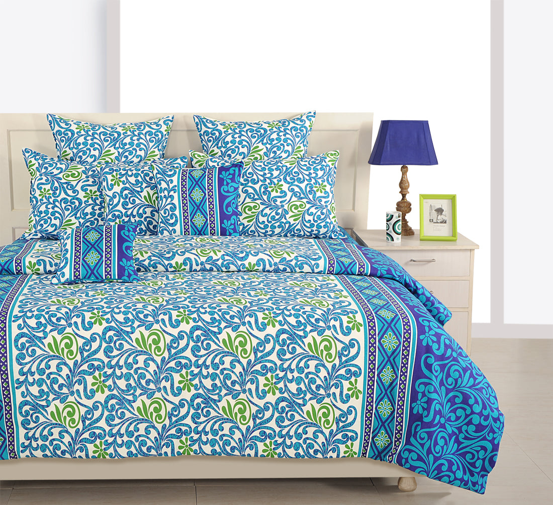 Blue Ethnic Floral Print Pure Cotton 120 TC King Fitted Bedsheet with 2 Pillow Covers (72x78x10 Inches)