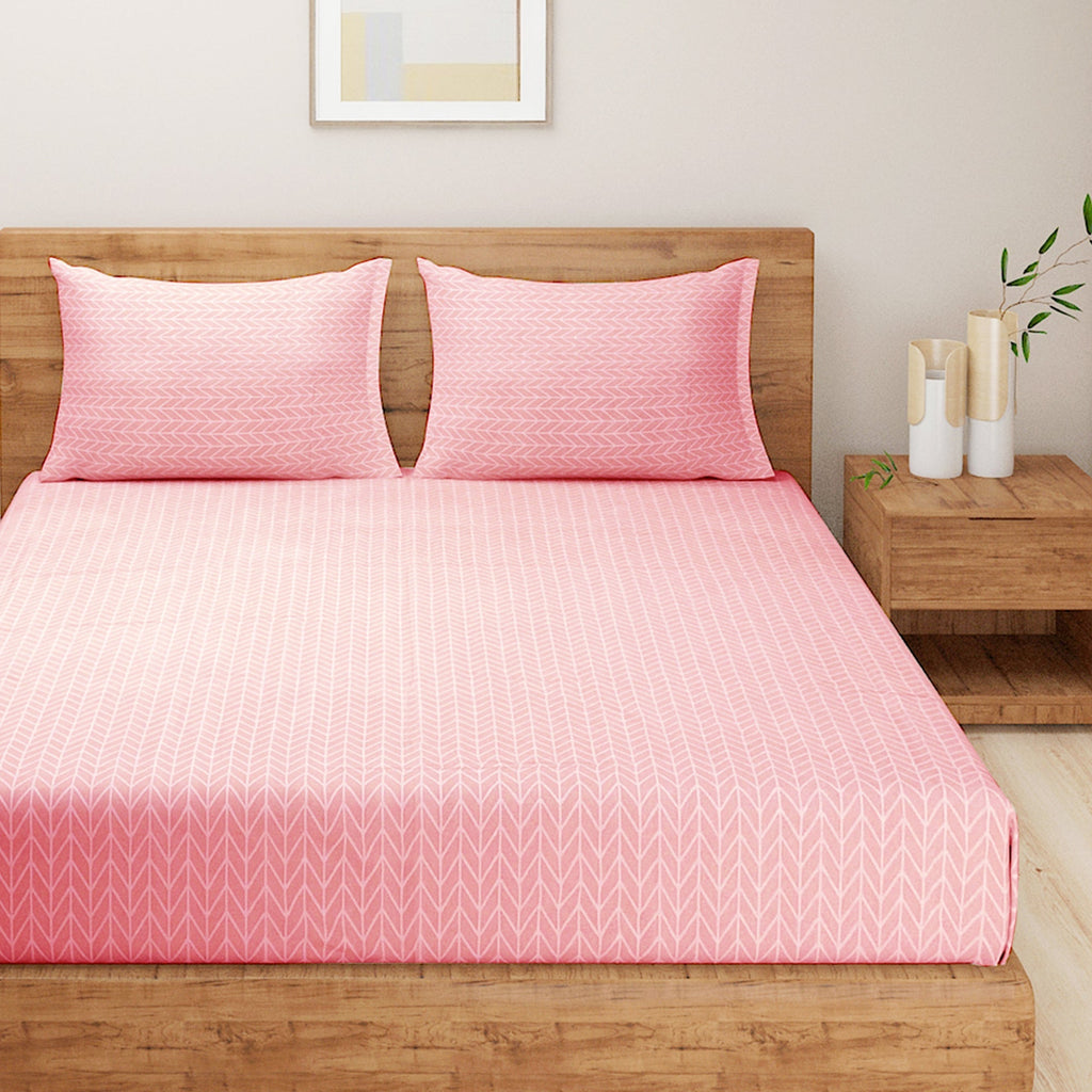Blush Pink Minimal Geometric King Fitted Bedsheet with 2 Pillow Covers - Soft & Elegant (72x78x10 inches)