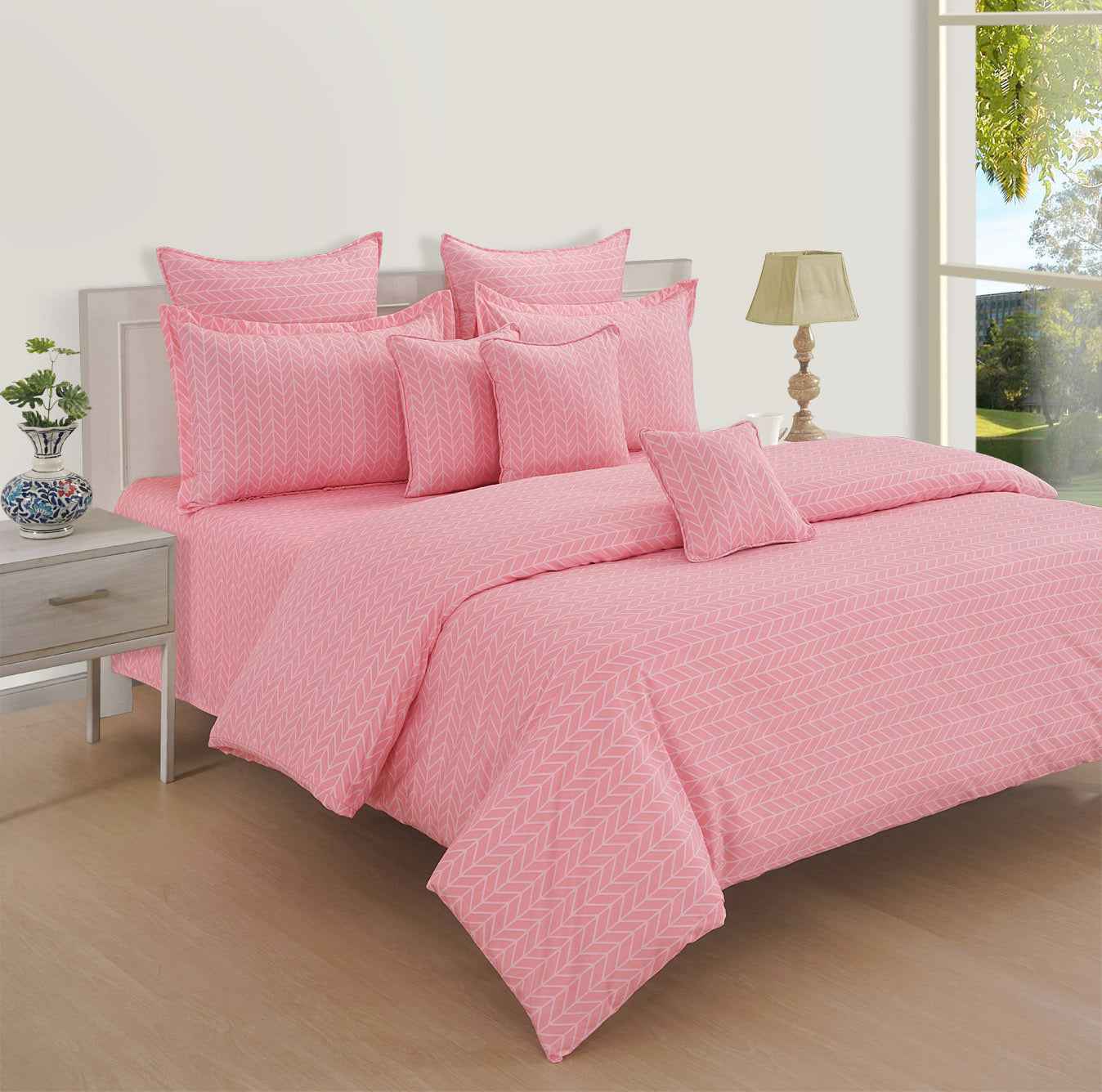 Blush Pink Minimal Geometric King Fitted Bedsheet with 2 Pillow Covers - Soft & Elegant (72x78x10 inches)