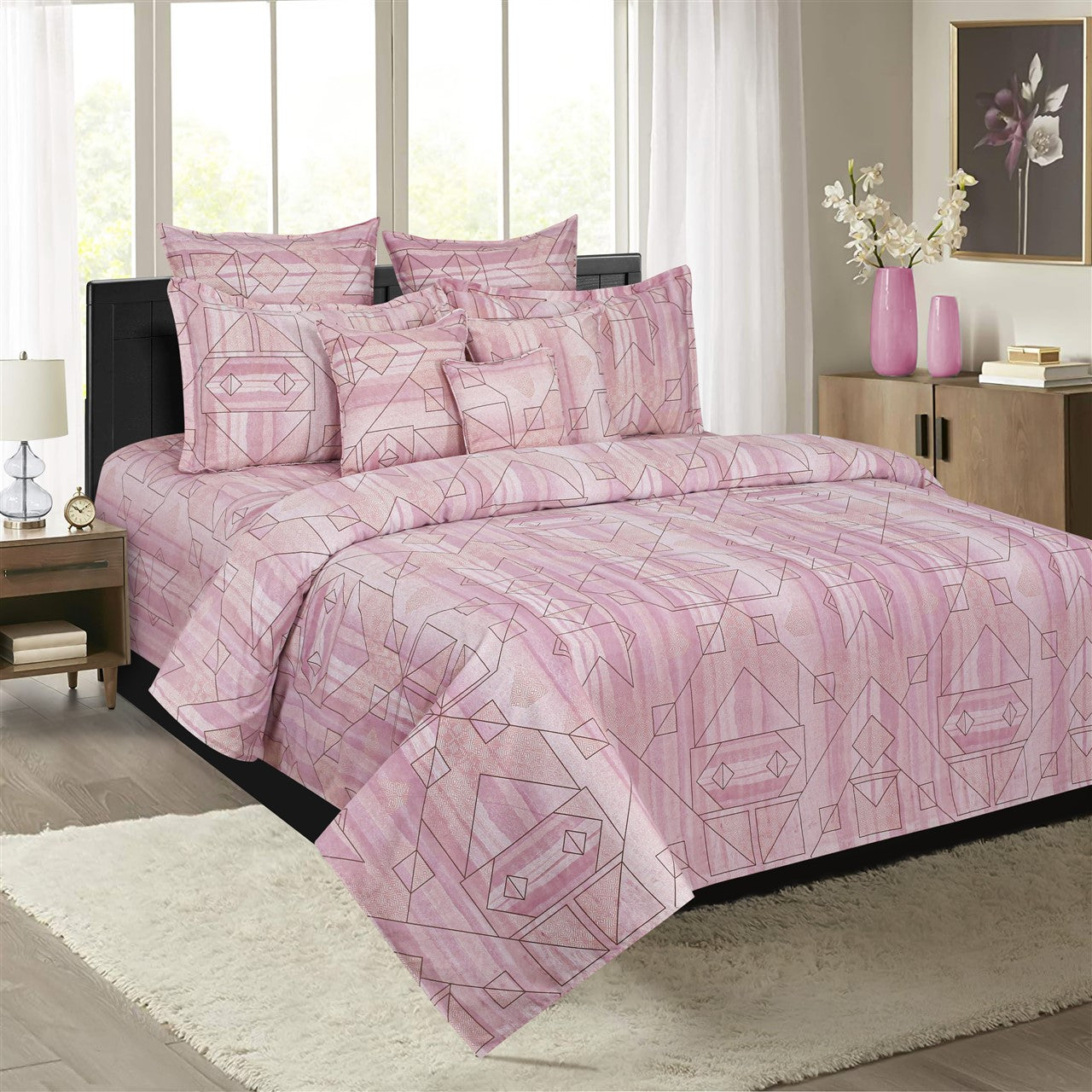 Soft Pink Geo-Lines King Fitted Bedsheet with 2 Pillow Covers 200TC (72x78x10 inches)
