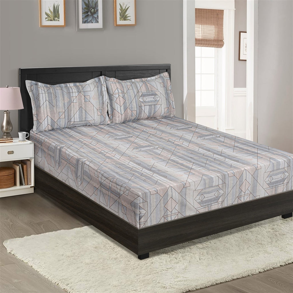 Modern Geo-Lines King Fitted Bedsheet with 2 Pillow Covers 200TC - Misty Grey (72x78x10 inches)
