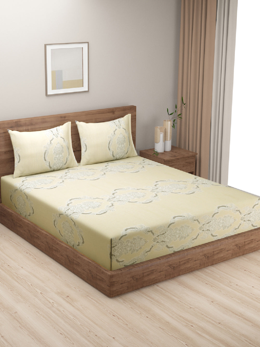 Pastel Yellow Royale Motif King Fitted Bedsheet with 2 Pillow Covers 200TC - Elegant Classic Design (72x78x10 inches)