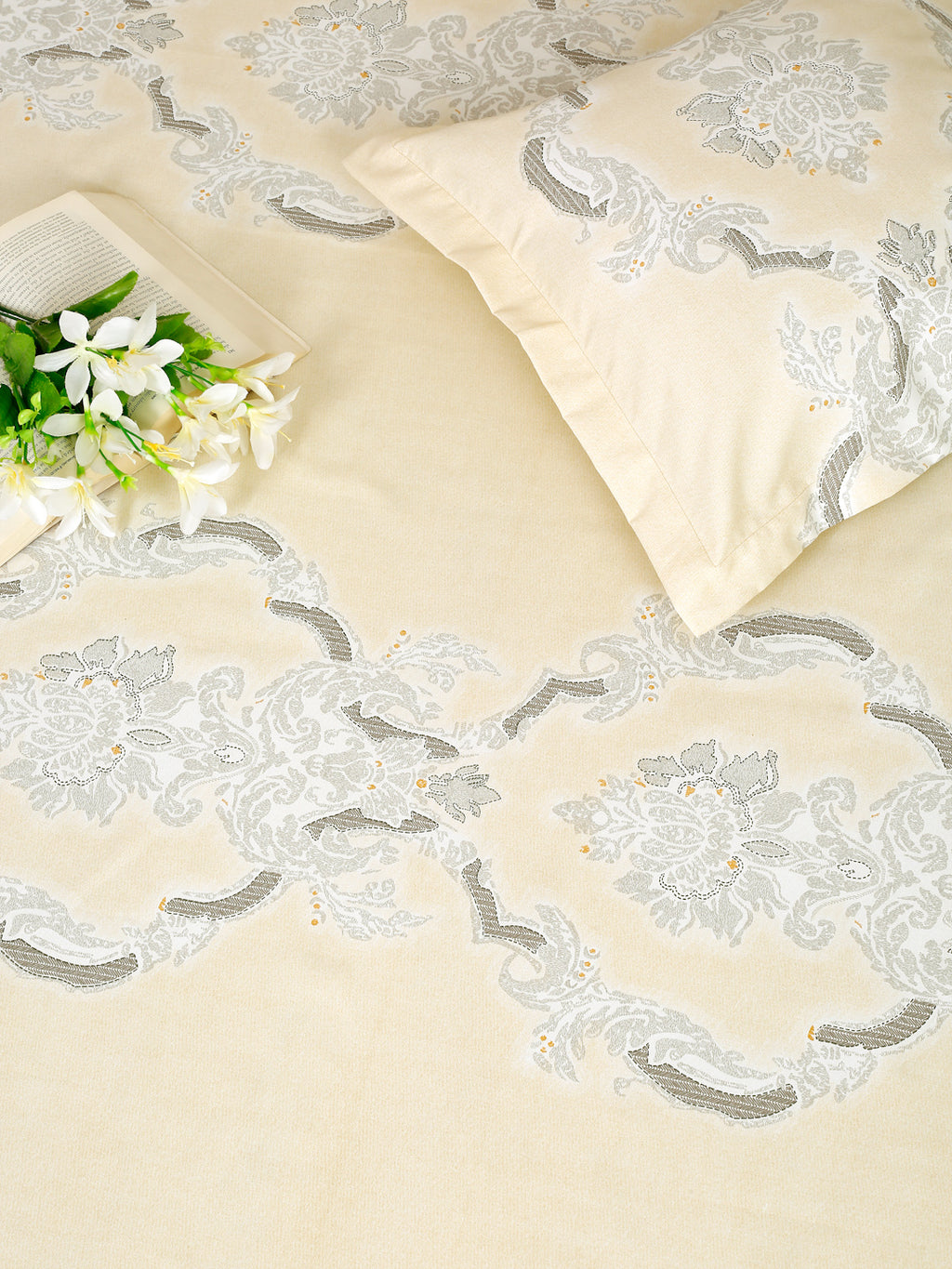 Pastel Yellow Royale Motif King Fitted Bedsheet with 2 Pillow Covers 200TC - Elegant Classic Design (72x78x10 inches)