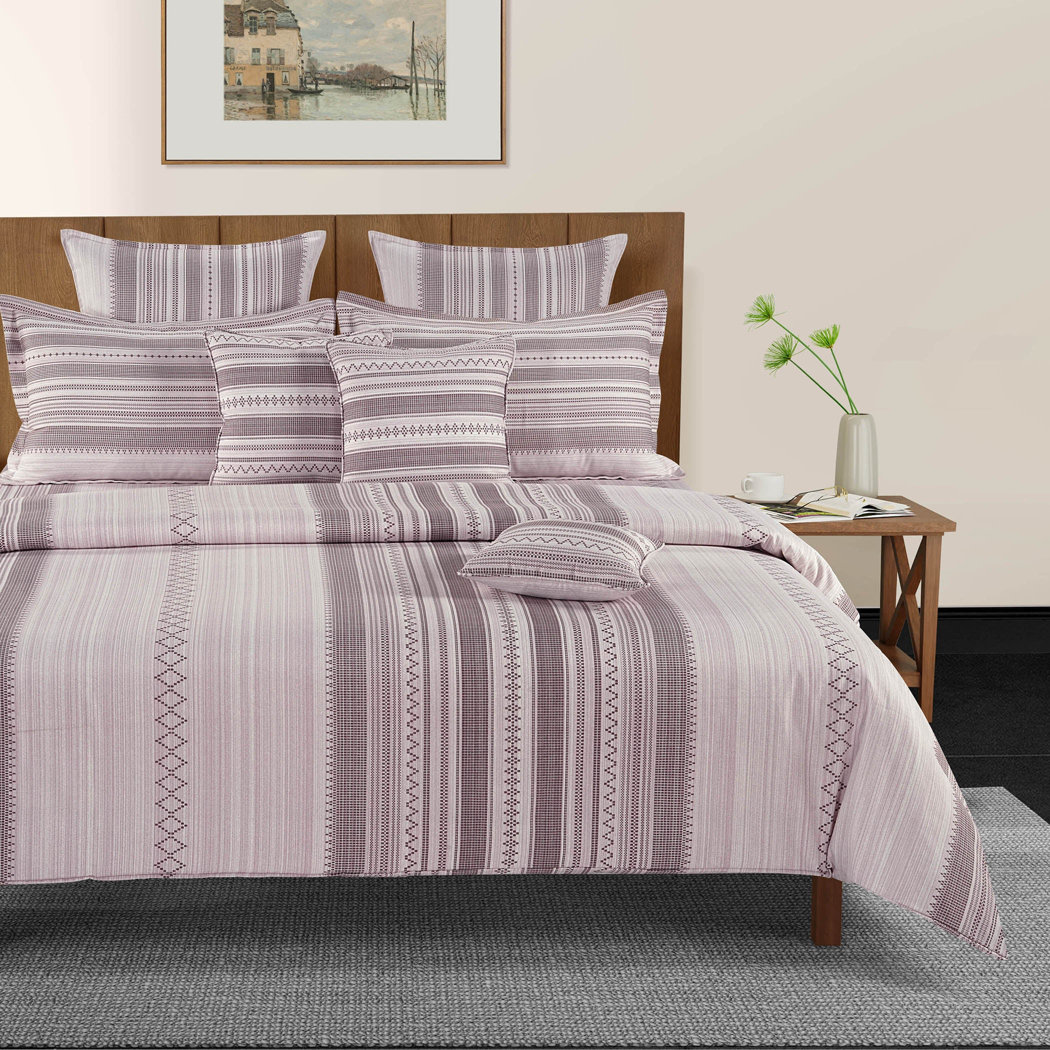 Soft Lavender Striped King Fitted Bedsheet with 2 Pillow Covers 200TC - Minimal & Elegant Design (72x78x10 inches)