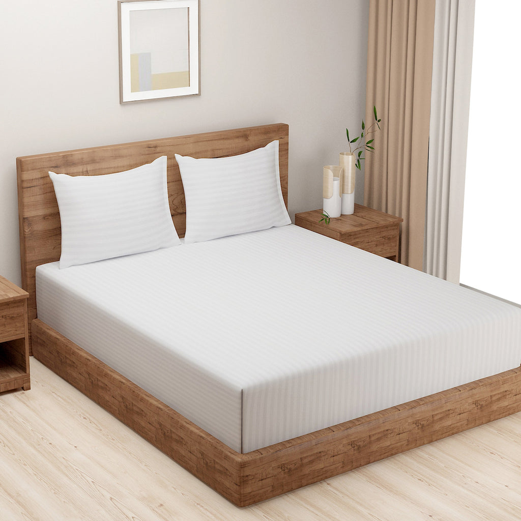 White Pinstripe Pure Cotton 300 TC King Fitted Bedsheet with 2 Pillow Covers (72x78x10 Inches)