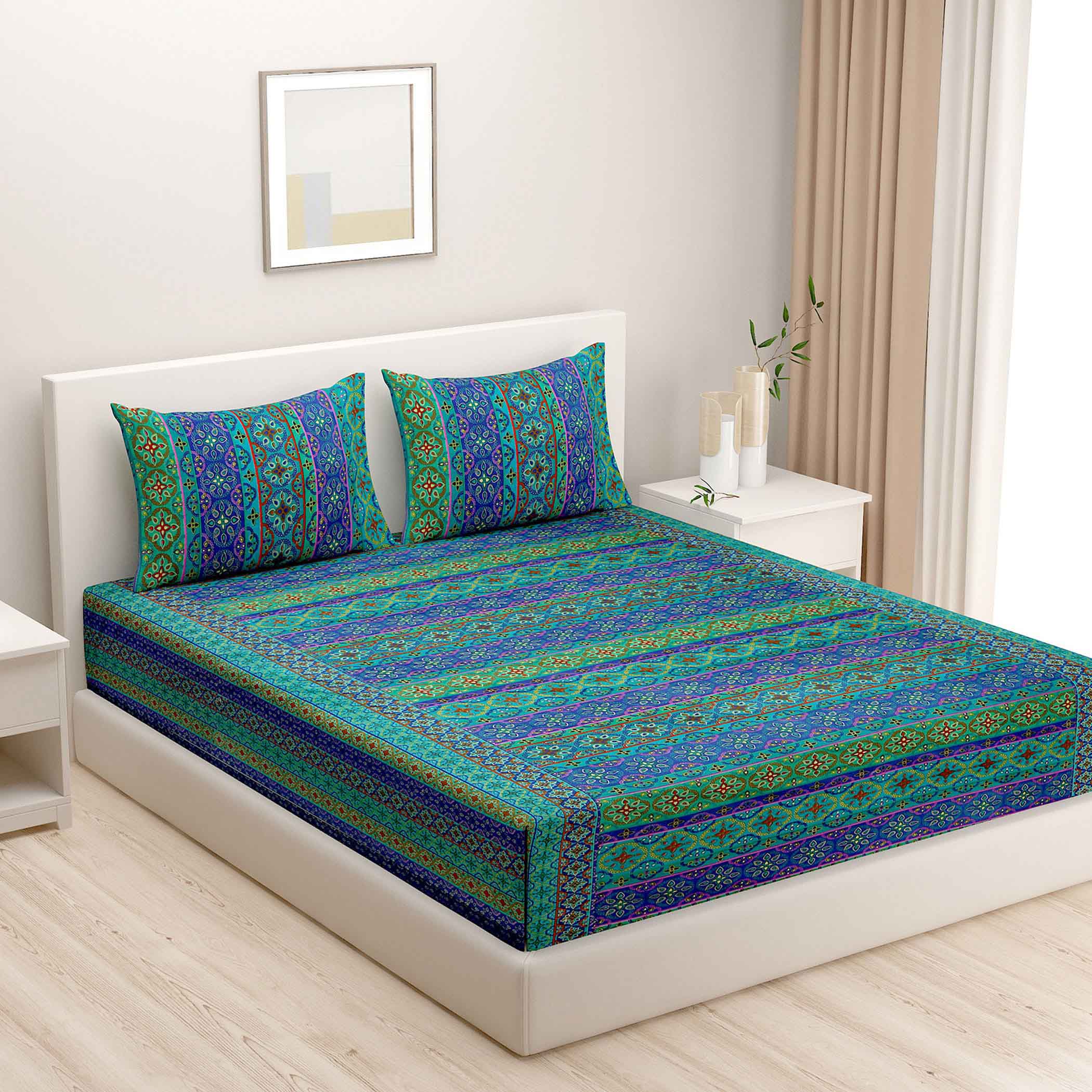 Rustic Kaleidoscope – 200TC Pure Cotton Queen Fitted Bedsheet (60x73x10 Inches)